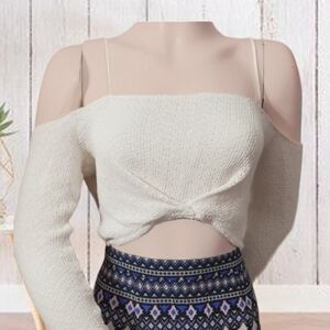 Off The Shoulder Crop Knit long sleeve cream top